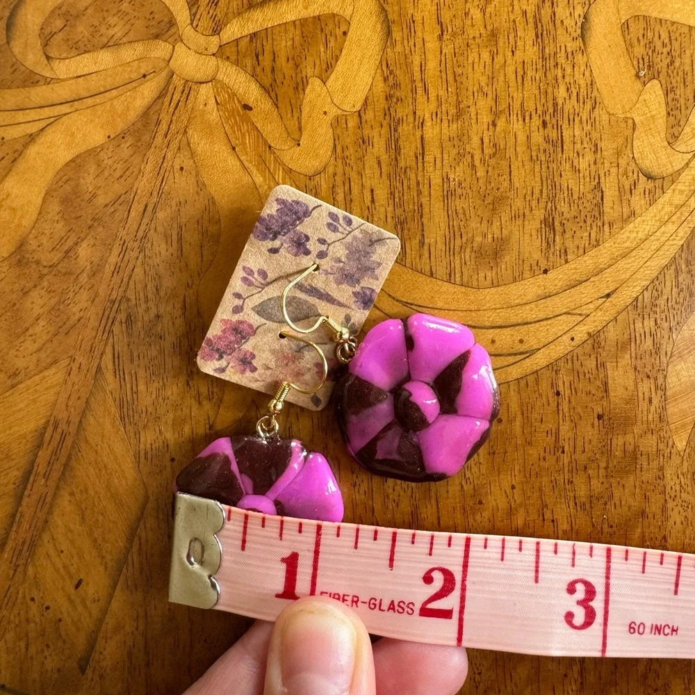 Polymer clay flower Pink and Brown Dangle Earrings - Picture 10 of 12